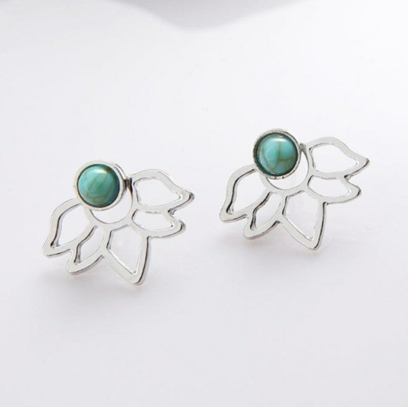 NEW Silver Turquoise Lotus Flower Jacket Earrings - Picture 2 of 2